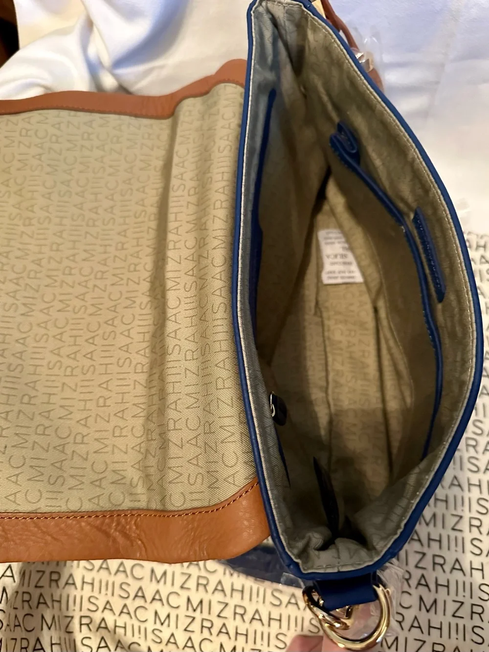 Isaac Mizrahi Tan and Navy Leather Satchel with Tassel Charm and Top Handle